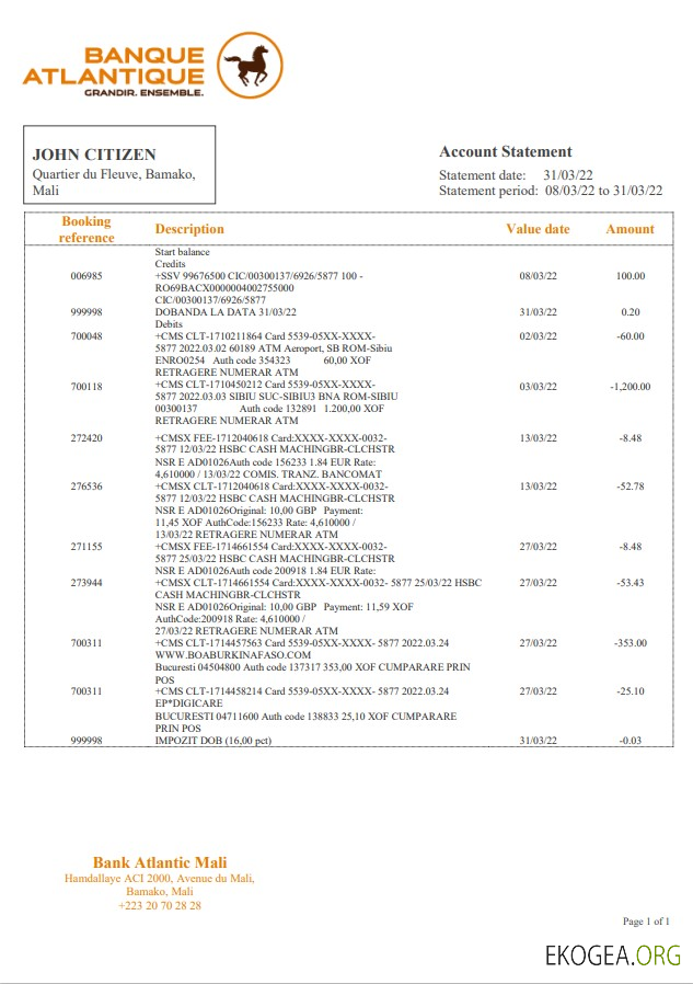 Relevé bancaire Mali Banque Atlantique